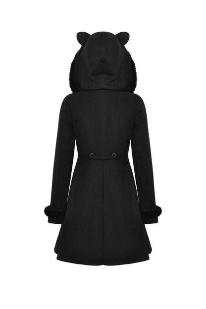 Black Long Sleeves Crescent Moon Bow Spliced Double-breasted Women's Gothic Coat with Cat Ear Hood