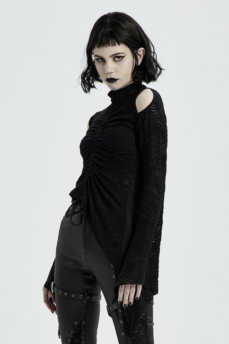 Black High Collar Long Trumpet Sleeves Hollow Lace-Up Women's Gothic T-Shirt