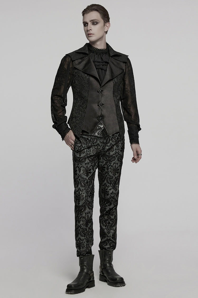 Black Lapel V Collar Long Sleeves Embroidery Men's Gothic Vest