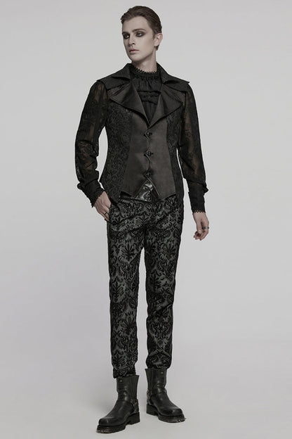 Black Lapel V Collar Long Sleeves Embroidery Men's Gothic Vest