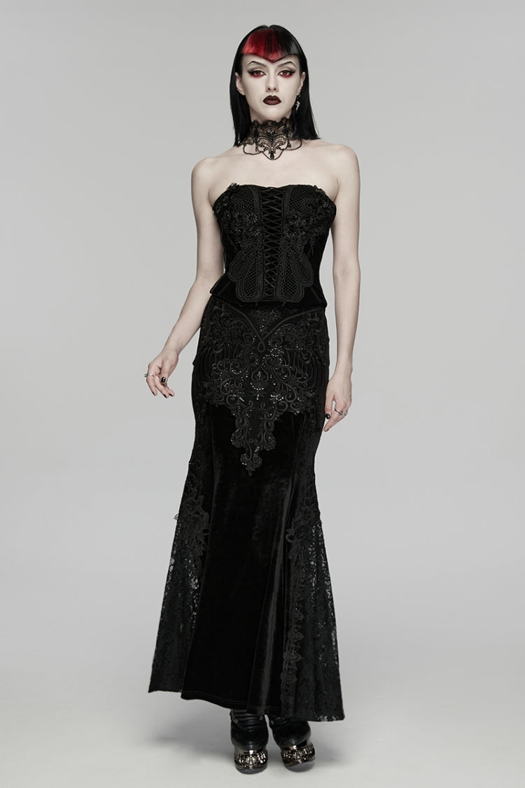 Black Cut-Out Embroidered Lace Slim Fishbone Women's Gothic Elegant Gorgeous Skirt