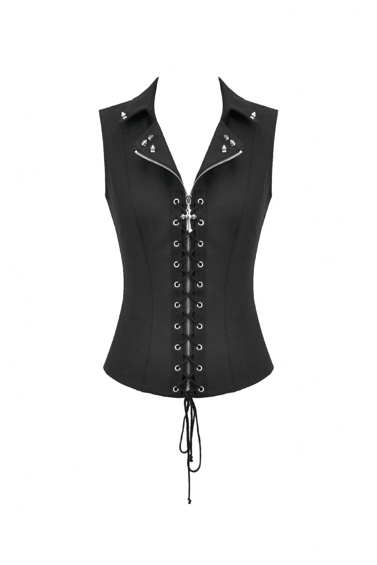 Black Lapel Collar Sleeveless Lace-Up Studded Zippered Eyelet Women's Punk Vest