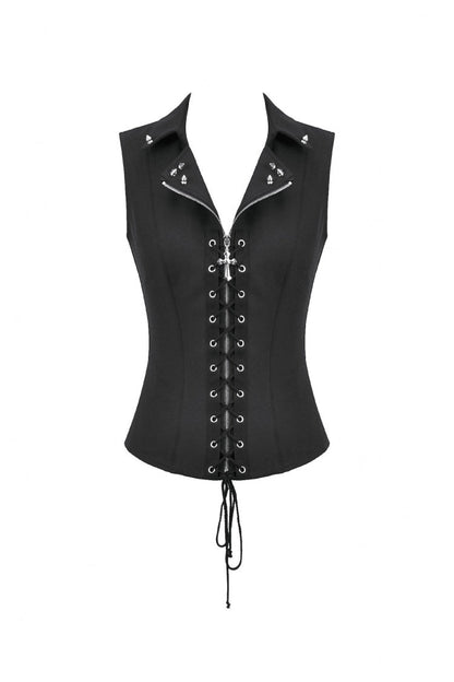 Black Lapel Collar Sleeveless Lace-Up Studded Zippered Eyelet Women's Punk Vest