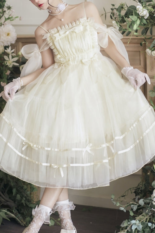 Beige Small Ballet High Waisted Bowknot Chiffon Short Version Sweet Lolita JSK Dress