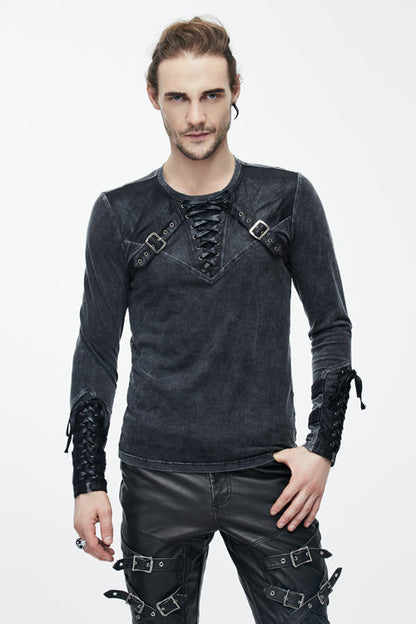 Black Faded Long Sleeves Lace Up Mens Punk T-Shirt