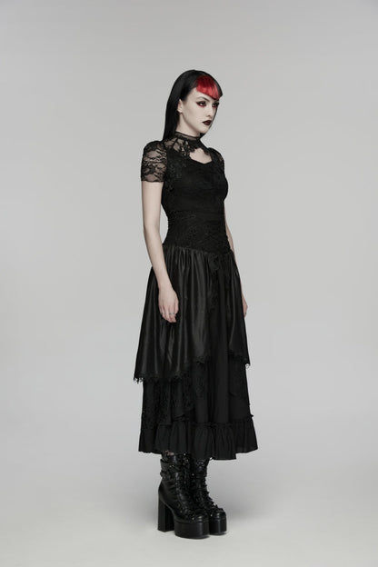 Black High Waisted Multi-Layered Floral Embroidered Lace Pleated Women's Gothic Elegant Cosplay Skirt