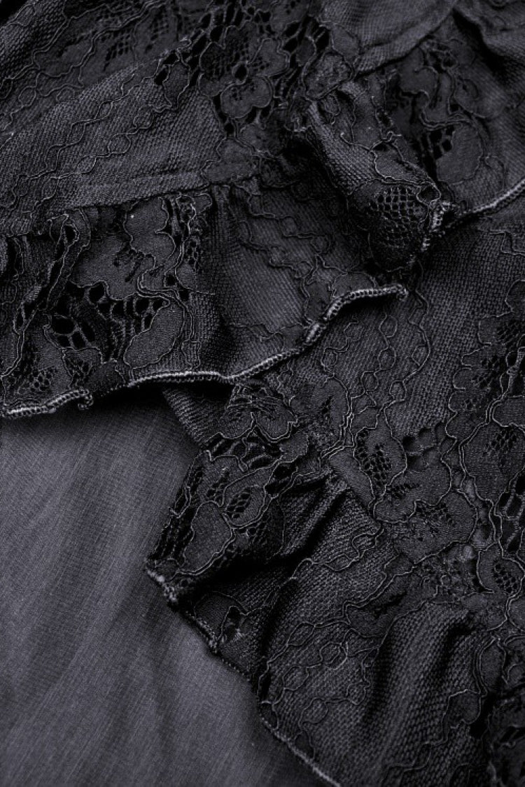 Black Off Shoulder Halterneck Ruffled Lace-Up Swallow Tail Floral Lace Women's Gothic Dress