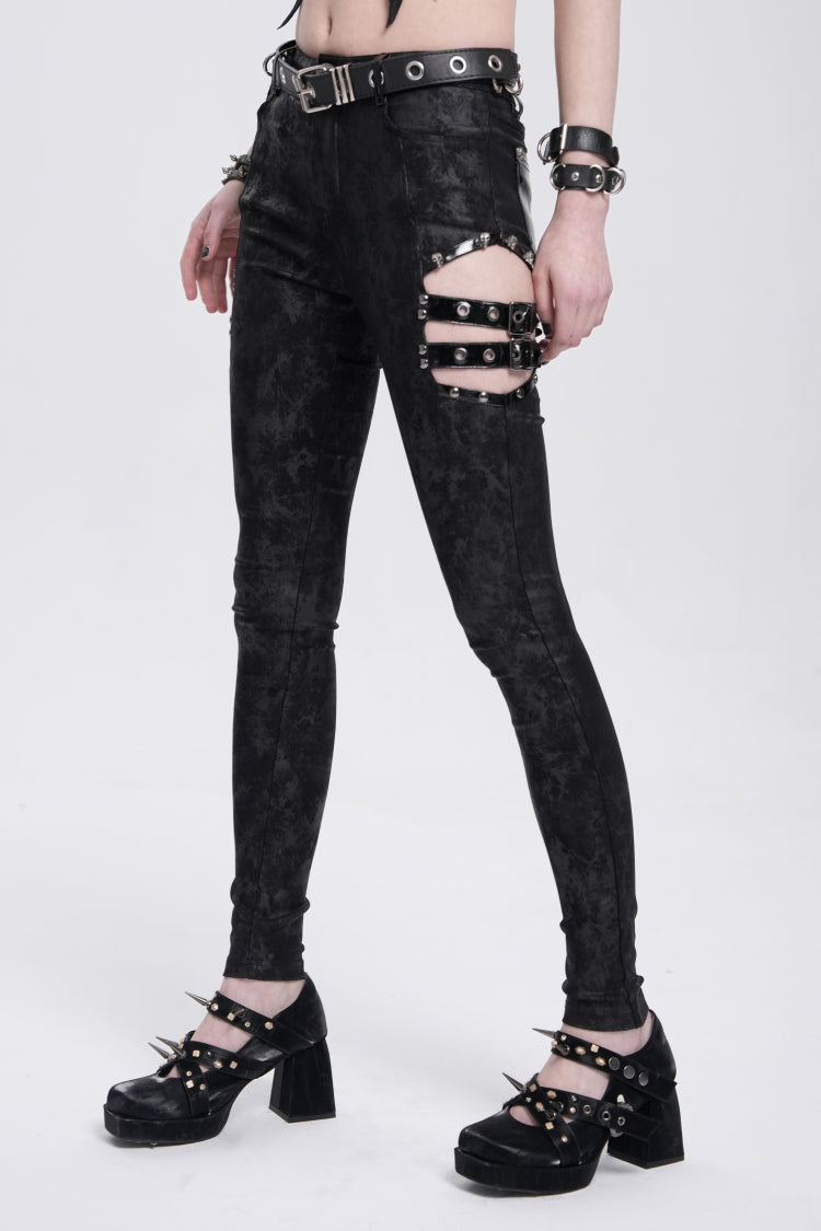 Black Print Cutout Buckle Women's Gothic Pants