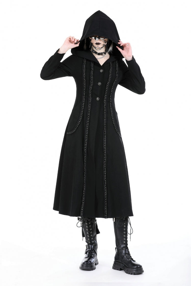Black Long Sleeves Ruffled Lace-Up Women's Punk Long Jacket with Hood