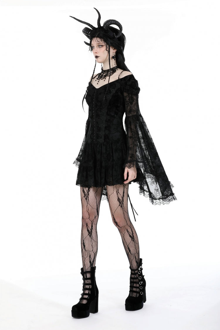 Black Off Shoulder Long Trumpet Sleeves Velvet Spliced Mesh Women's Gothic Graduation Dress