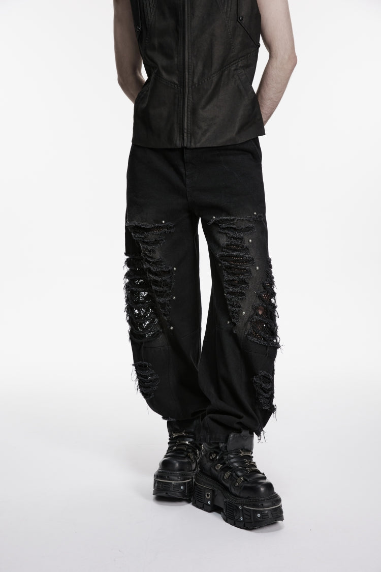 Black Irregular Mesh Ripped Studded Zippered Eyelet Men's Punk Handsome Cool Pants
