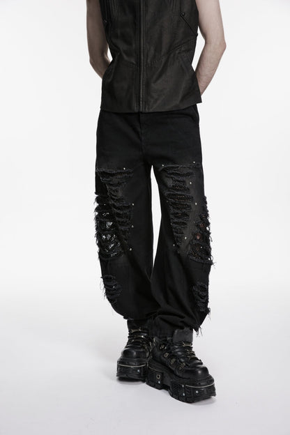 Black Irregular Mesh Ripped Studded Zippered Eyelet Men's Punk Handsome Cool Pants