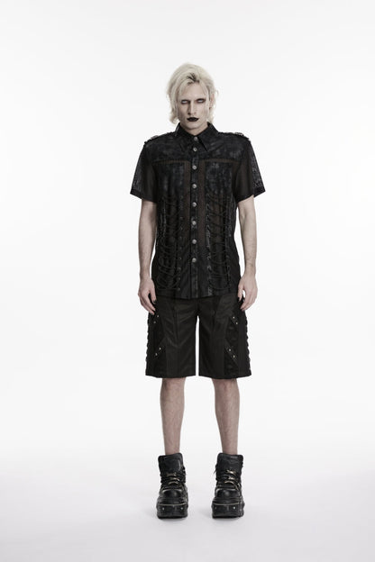 Black Lapel Collar Short Sleeves Spliced Lace-Up Sheer Mesh Eyelet Men's Punk Handsome Shirt