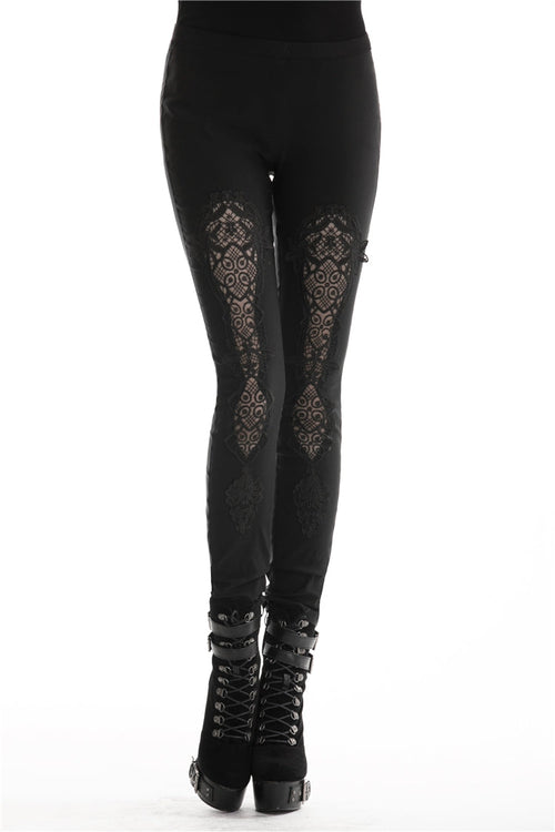 Black Floral Cut-Out Lace-Up Women's Gothic Leggings