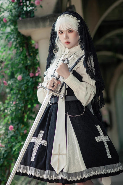 Black Paradise Cross Print Ruffle Sleeveless Gothic Lolita Dress