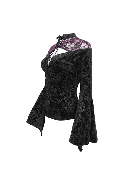 Black Cutout Flared Sleeved Floral Embossed Women's Gothic Shirt
