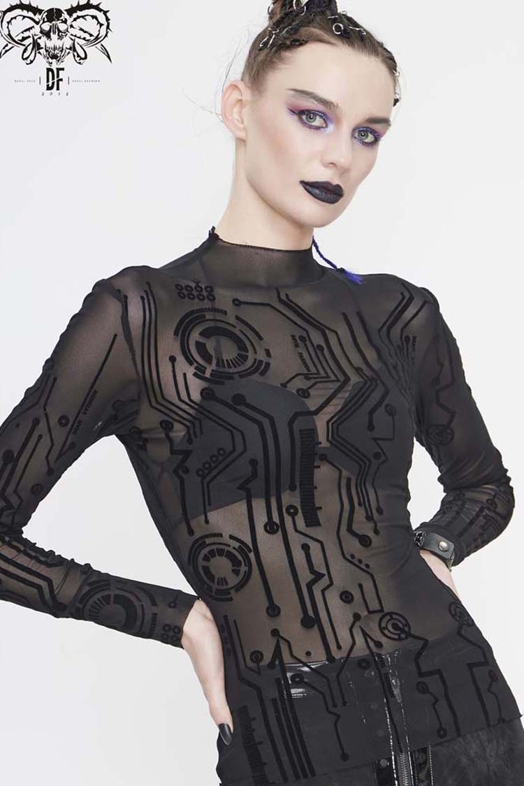 Black Long Sleeve The Printed Flocking Mesh Rough Selvedge Women's Punk Shirt