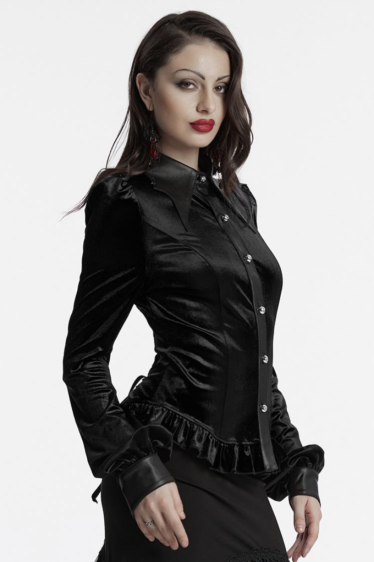 Black Lapel Collar Long Puff Sleeves Gradient Ruffle Women's Gothic Blouse