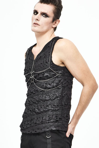 Black Broken Holes Thick Stripes Chest Chain Knit Men's Punk Vest