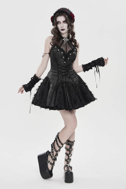 Black Off Shoulder Sleeveless Printed Spliced Lace Lace-Up Pleated Women's Gothic Dress