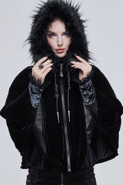 Black Gothic Velvet Collar Crescent Pendant Zipper Warm Short Women's Shawl