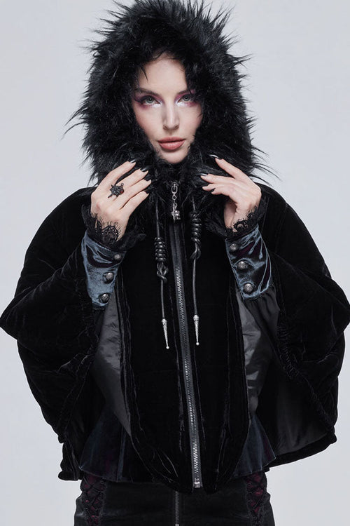 Black Gothic Velvet Collar Crescent Pendant Zipper Warm Short Women's Shawl