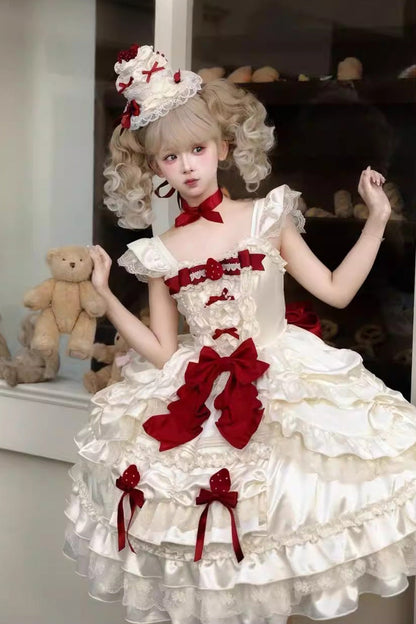 Apricot [Berry Endless] Square Collar Sleeveless Multi-Layered Ruffled Embroidered Bow Lace Sweet Lolita Jsk Dress