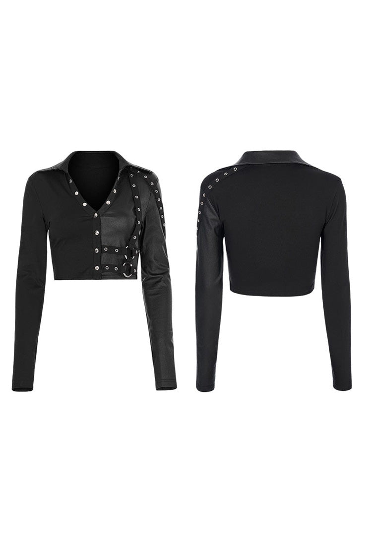 Black Gothic Super Cool Slim Fit Strap Sexy Cropped Pullover Long Sleeve Women's Polo Tee