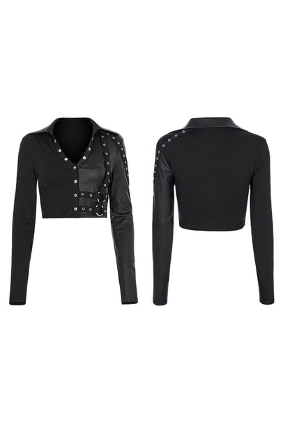 Black Gothic Super Cool Slim Fit Strap Sexy Cropped Pullover Long Sleeve Women's Polo Tee