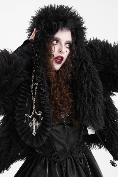 Black Long Sleeves Lace Hooded Zipper Chain Women's Gothic Jacket