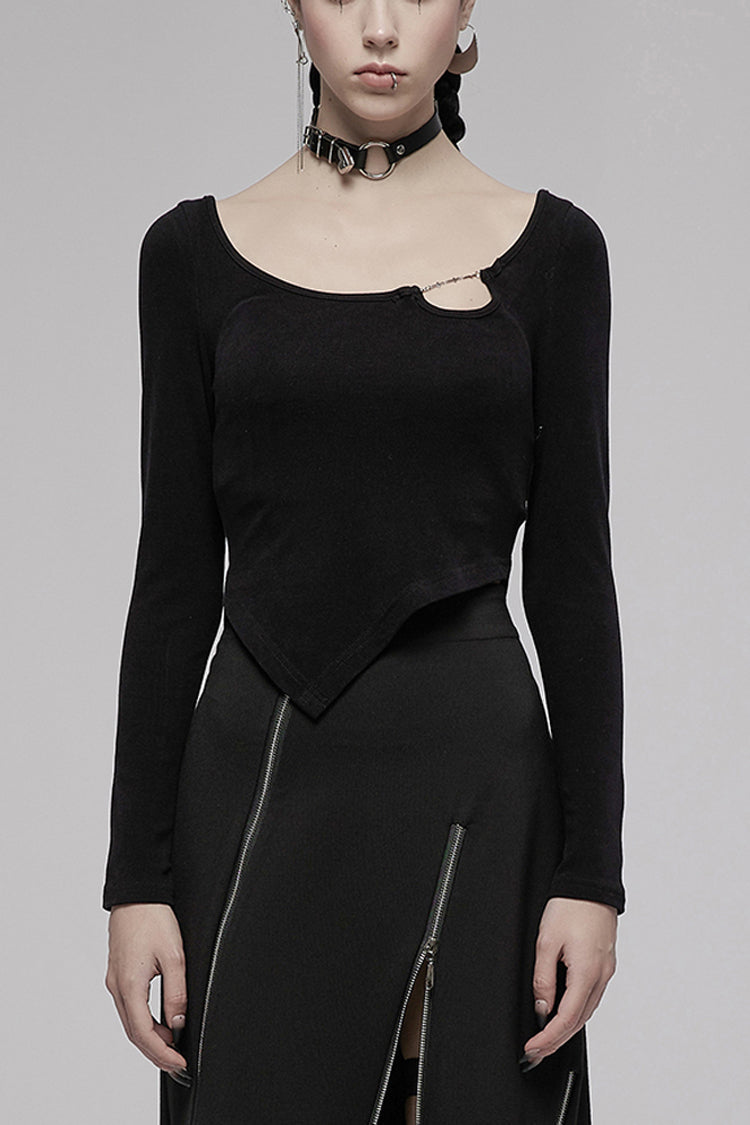 Black Asymmetric Hem Design Sexy Hollow Metal Cross-Chain Decoration Long Sleeve Women's Punk T-Shirt