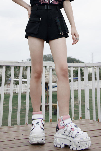 Black Clasp Belt Multi-Level Pocket Pit Ribbon Decoration High Waist Women's Punk Shorts