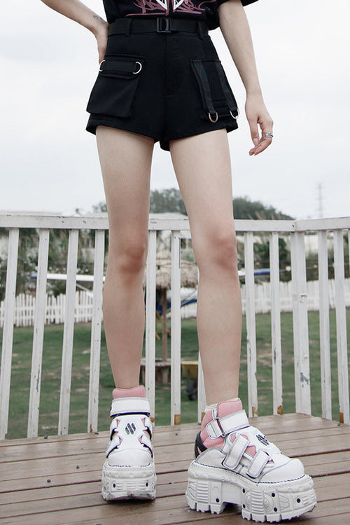 Black Clasp Belt Multi-Level Pocket Pit Ribbon Decoration High Waist Women's Punk Shorts