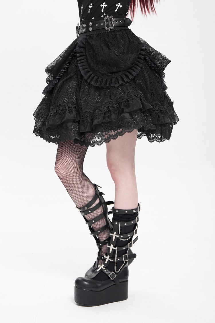 Black Multi-Layered Ruffle Buckle Straps Women's Gothic Skirt