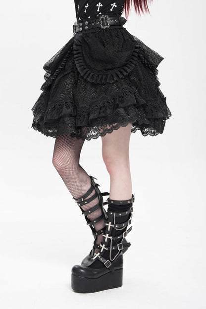 Black Multi-Layered Ruffle Buckle Straps Women's Gothic Skirt