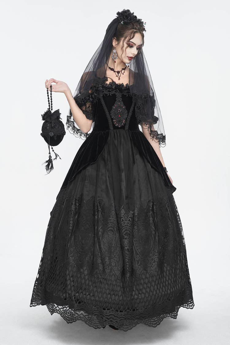 Black Off Shoulder High Waisted Print Lace Women's Gothic Dress