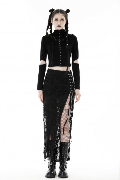 Black Lace-Up Ripped Women's Punk Split Long Skirt