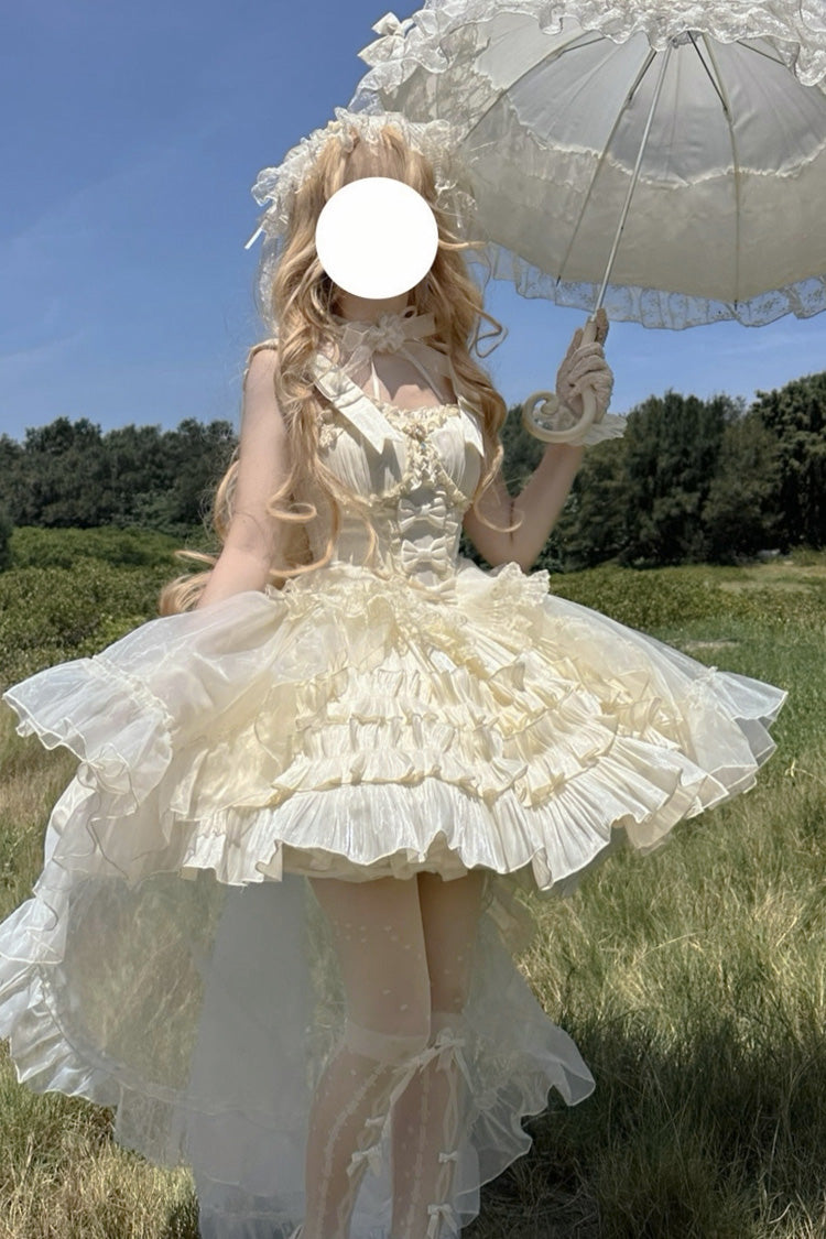 Apricot [Cream Cake] Sleeveless Multi-Layered Ruffle Bowknot Sweet Princess Lolita Jsk Dress Set