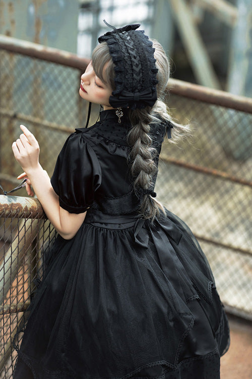 Black Elegant Round Collar Bowknot Short Sleeves High Waisted Gothic Lolita OP Dress