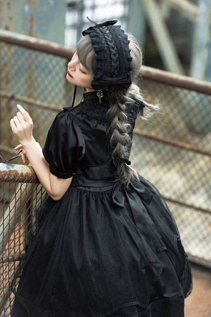 Black Elegant Round Collar Bowknot Short Sleeves High Waisted Gothic Lolita OP Dress