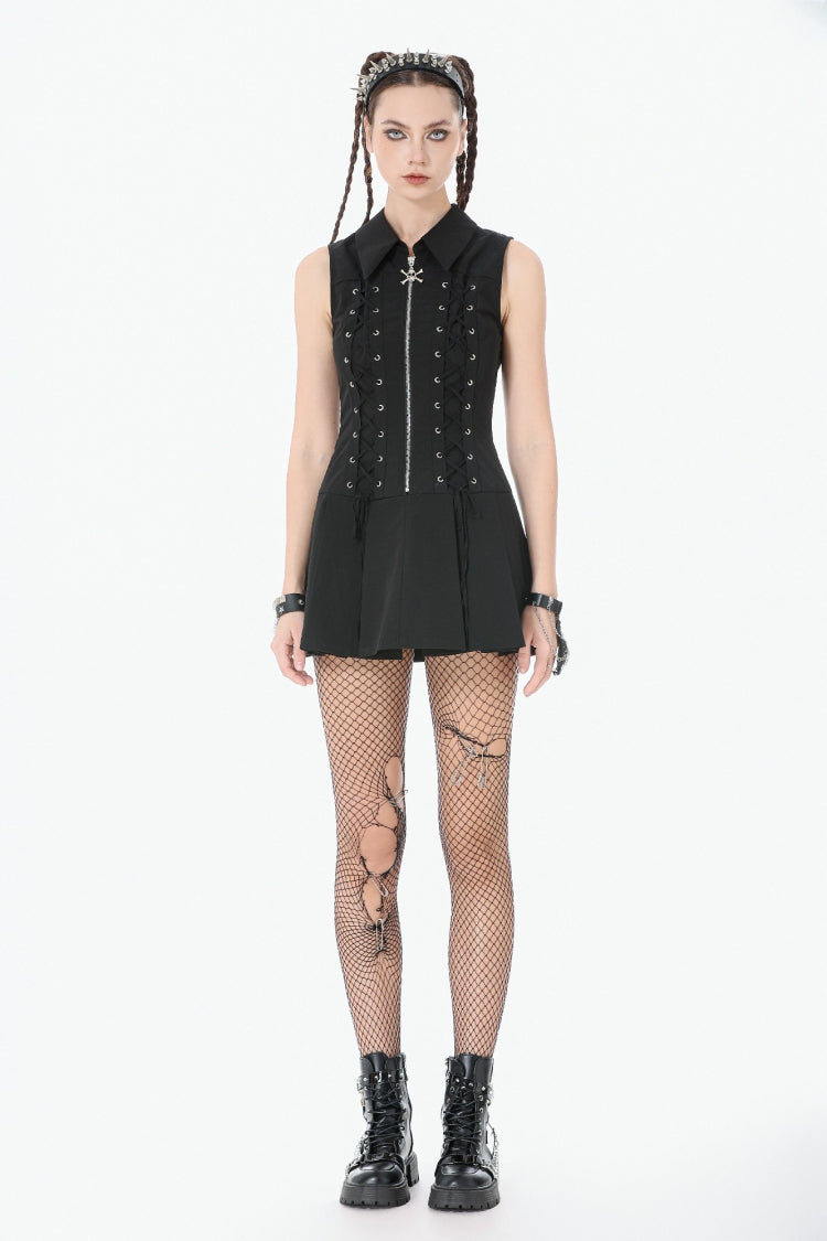 Black Point Collar Sleeveless Skull Zip Women's Punk Dress