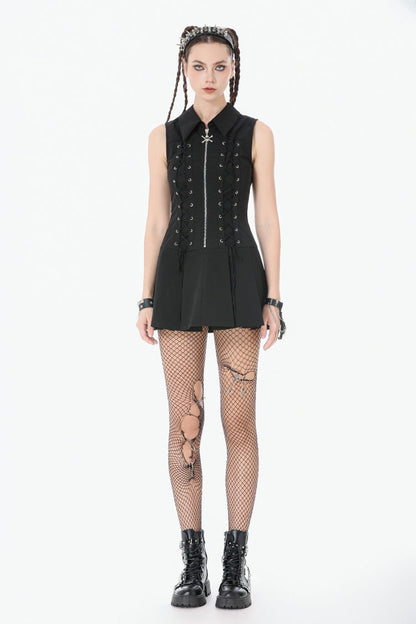 Black Point Collar Sleeveless Skull Zip Women's Punk Dress