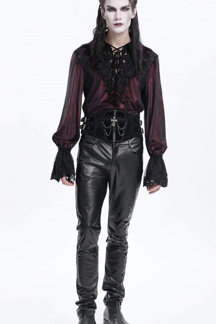 Black Lace-Up Slim Buckled Pearl-Decorated Men's Gothic Palace Accessory Cross Chain Girdle