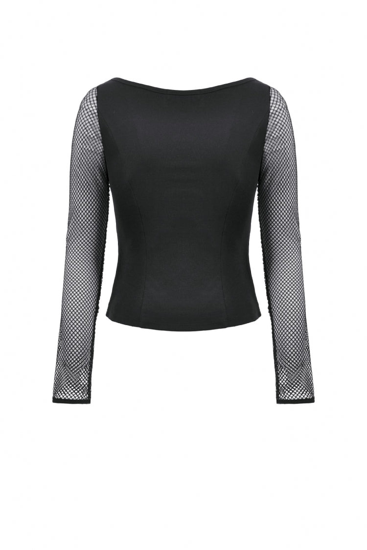 Black Mesh Spliced Long Sleeves Buckled Strap Eyelet Women's Punk Top