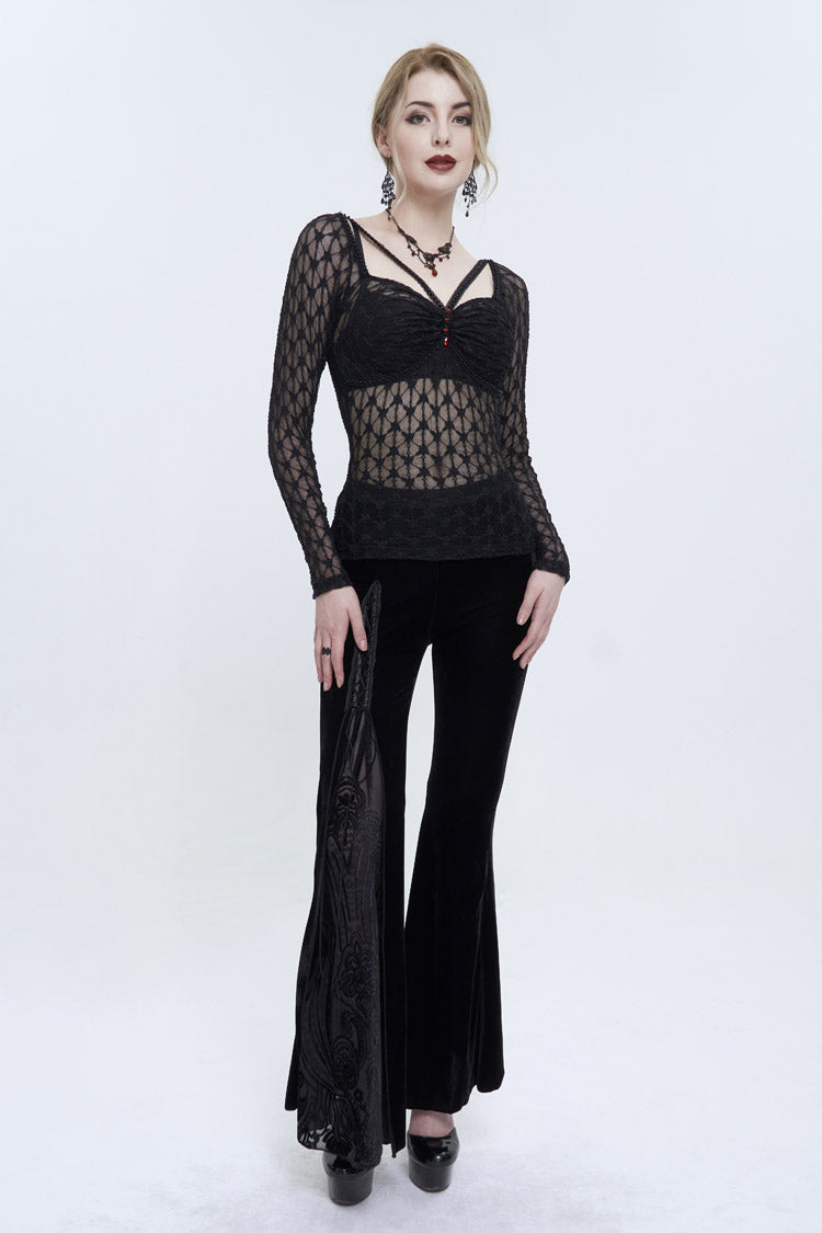 Black Lace Mesh Front Red Diamond Long Sleeve Transparent Women's Punk T-Shirt