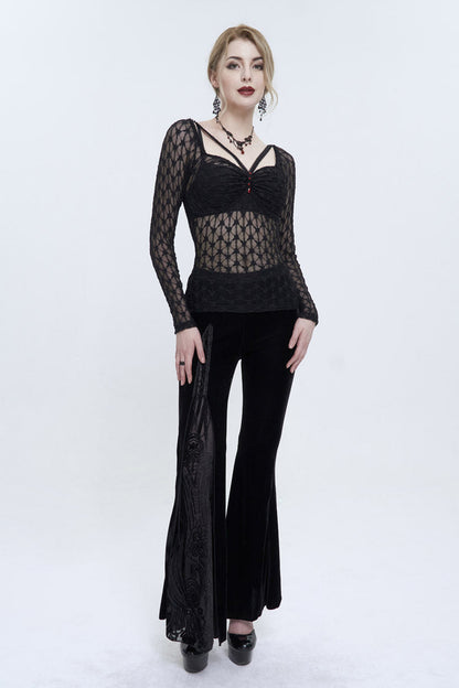 Black Lace Mesh Front Red Diamond Long Sleeve Transparent Women's Punk T-Shirt