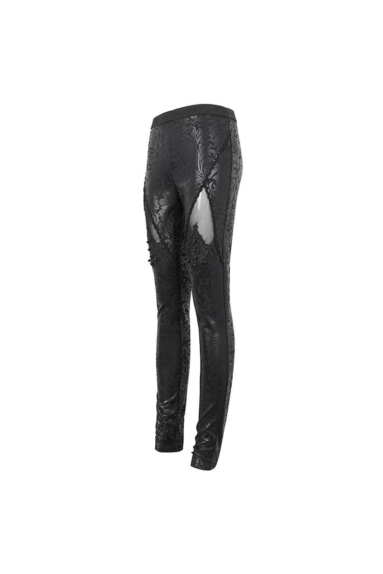 Black Floral Embroidered Mesh Splice Women's Gothic Leggings