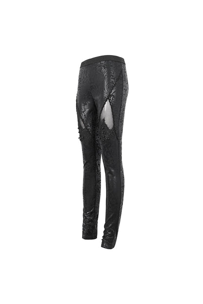 Black Floral Embroidered Mesh Splice Women's Gothic Leggings