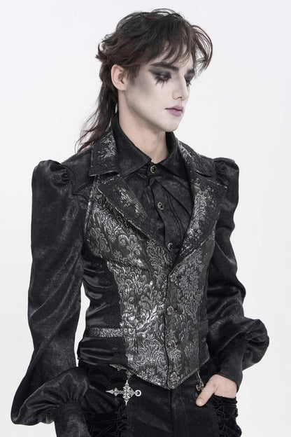 Black Lapel Collar Off Shoulder Halterneck Sleeveless Jacquard Lace Slim Color-Blocked Men's Gothic Palace Vest