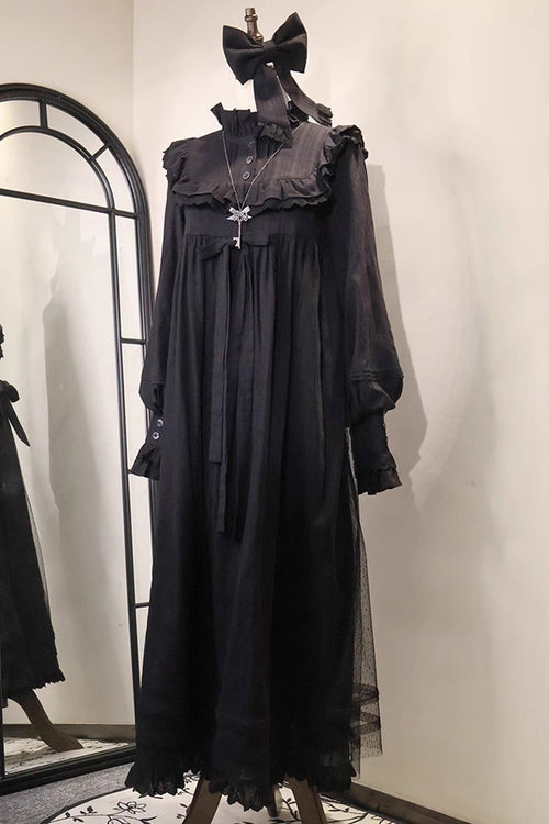 Black Long Sleeves Ruffle Bowknot Lace Gothic Lolita Home Wear Nightdress